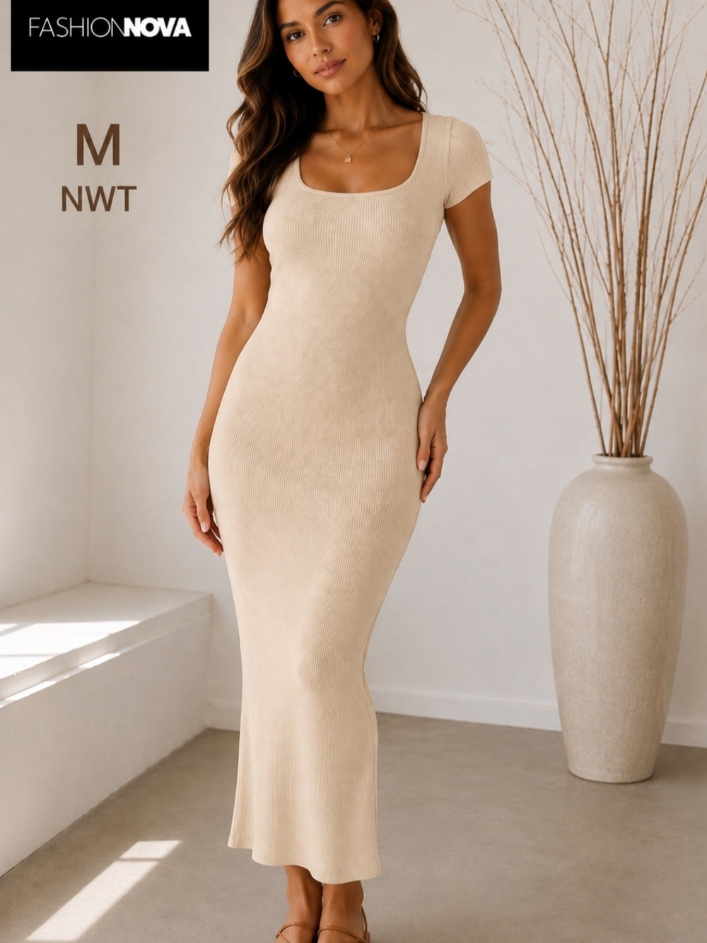 Fashion Nova Veronica Snatched Midi Dress Cream M NWT Ribbed